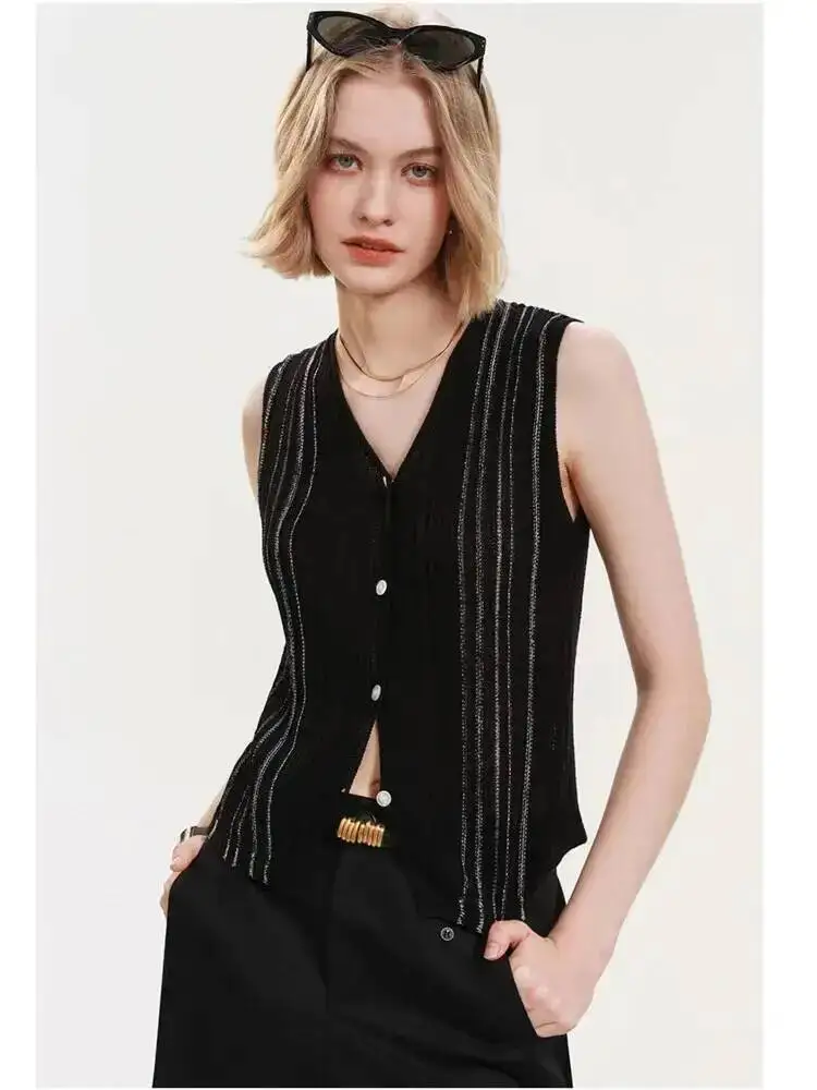 

Summer V-neck Sleeveless Knit Cardigan Women Linen Lyocell Single Breasted Silm Tank Tops