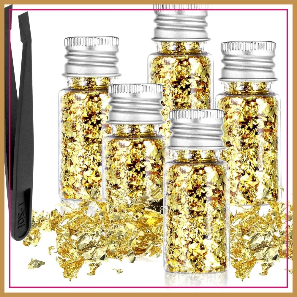 

5Pcs Gold Leaf Decor for Baking, Dessert, Steak & Crafts with Tweezers