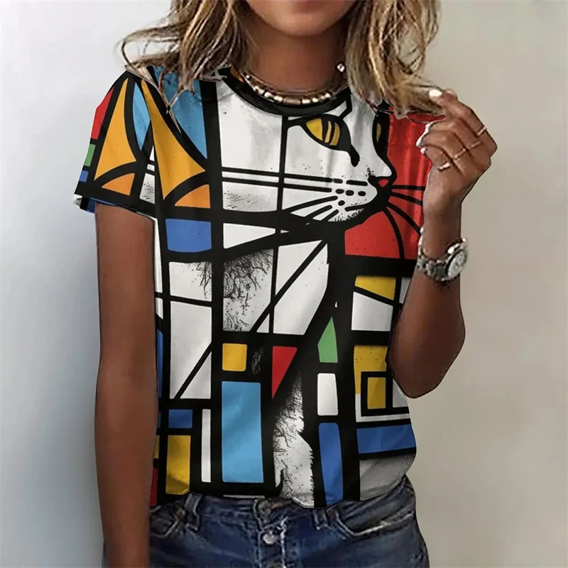 Cartoon Cat T-Shirts Vintage Geometric 3D Print Women's Short Sleeve O-Neck T Shirt Harajuku Y2k Top Casual Tees Female Clothing