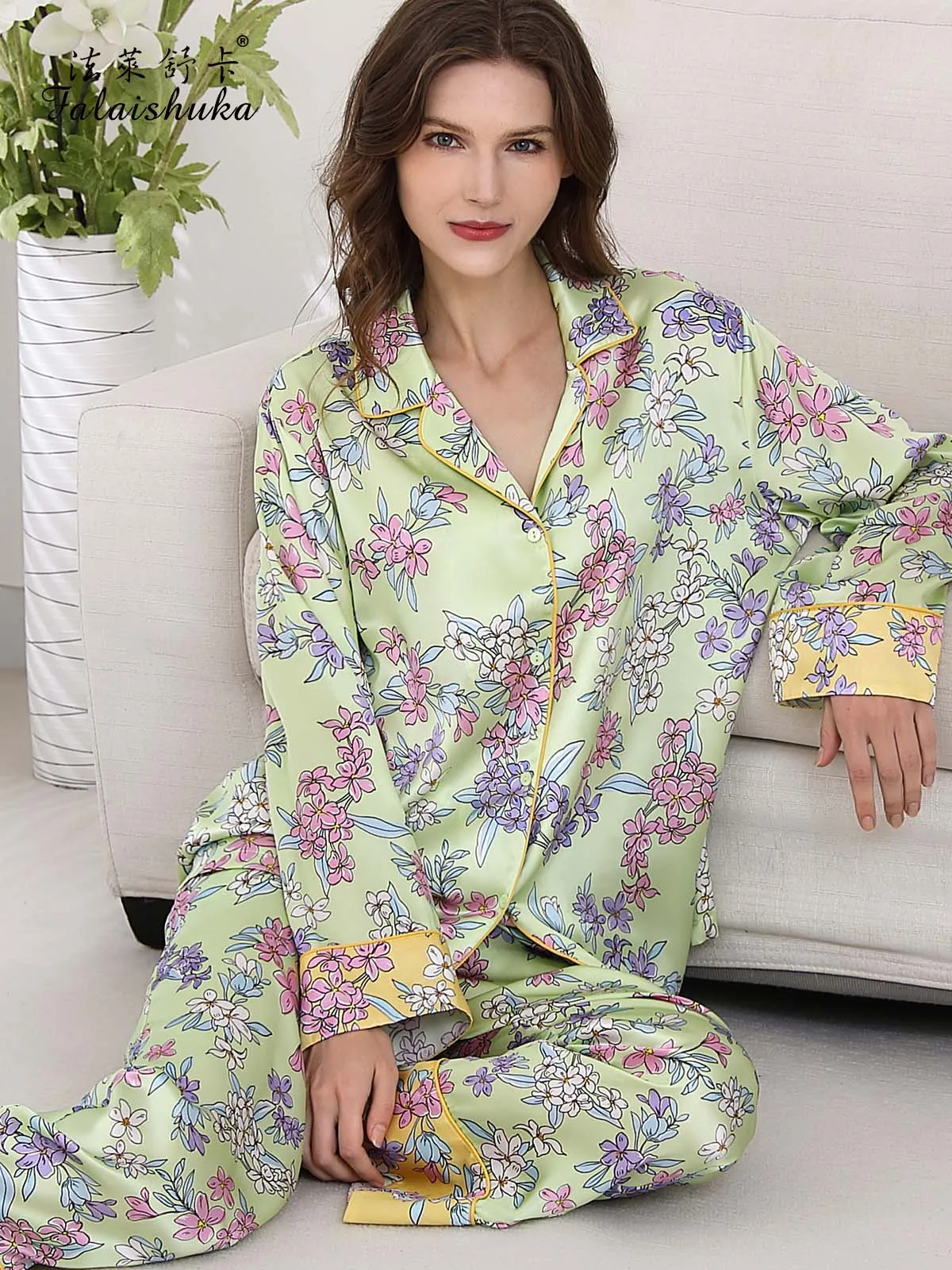 

19 momme 100% genuine silk pajamas sets women sleepwear new fashion flower Elegant pure natural silk pyjamas T8713