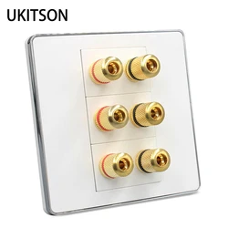 Silver Edge Wall Cover Gold Plated Copper Column Audio Speaker Outlet Panel With 6 Connector Plug Sound System Socket