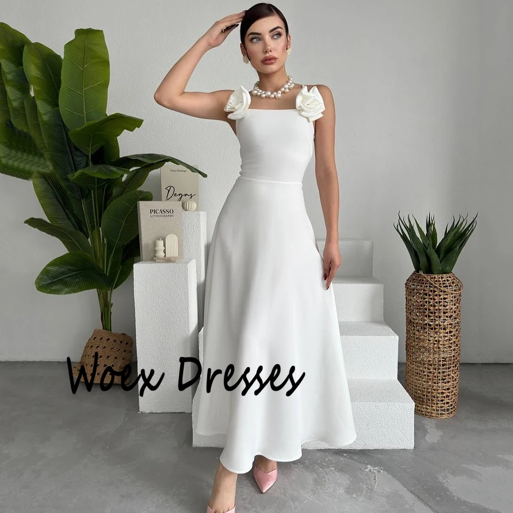 Dostosowana Spaghetti biała prosta suknia wieczorowa w kształcie litery A z kwiatem bez rękawów sukienka na imprezę seksowna suknia wieczorowa bez pleców do kostek
