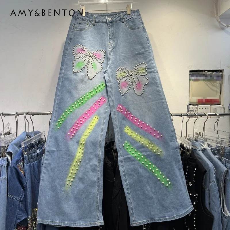 

Heavy Industry New Colorful Butterfly Rivet Graffiti Design Denim Pants 2025 Autumn New Fashion Loose Oversized Jeans For Ladies