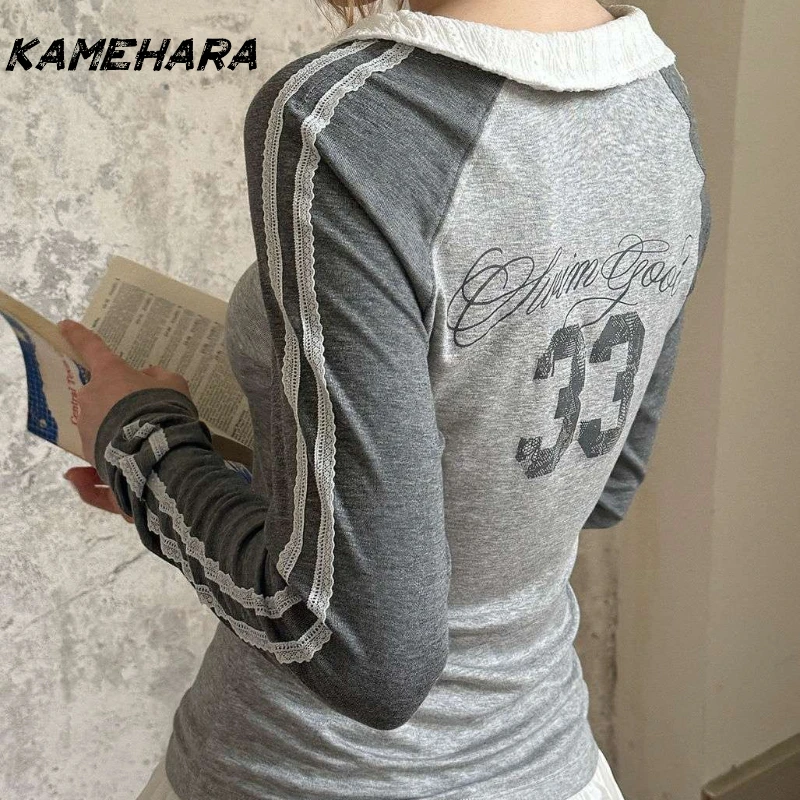 KAMEHARA تي شيرت رياضي عتيق للسيدات Y2k أنيق رمادي كوكيت علوي نمط Preppy Blokecore ريترو كم طويل تي شيرت جمالي