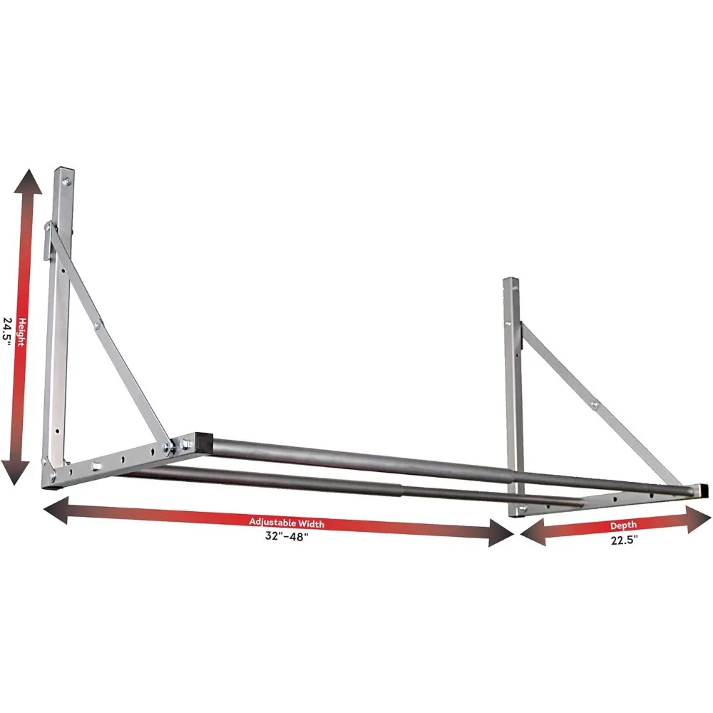 Rack de armazenamento de pneus dobrável de parede, ajustável 32-48 polegadas, suporta 300 libras, design prateado que economiza espaço