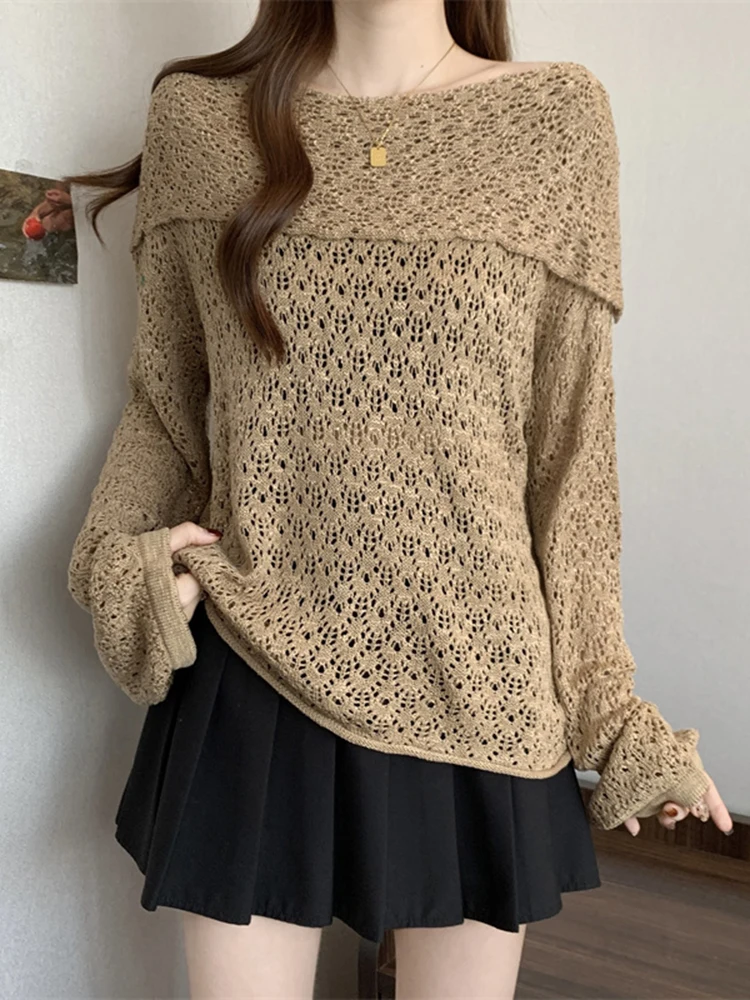 

Женский вязаный топ с вырезами на одно плечо и длинным рукавом, больших размеров, скрывающий живот, весенняя новинка, удобный, в стиле lazy fashion