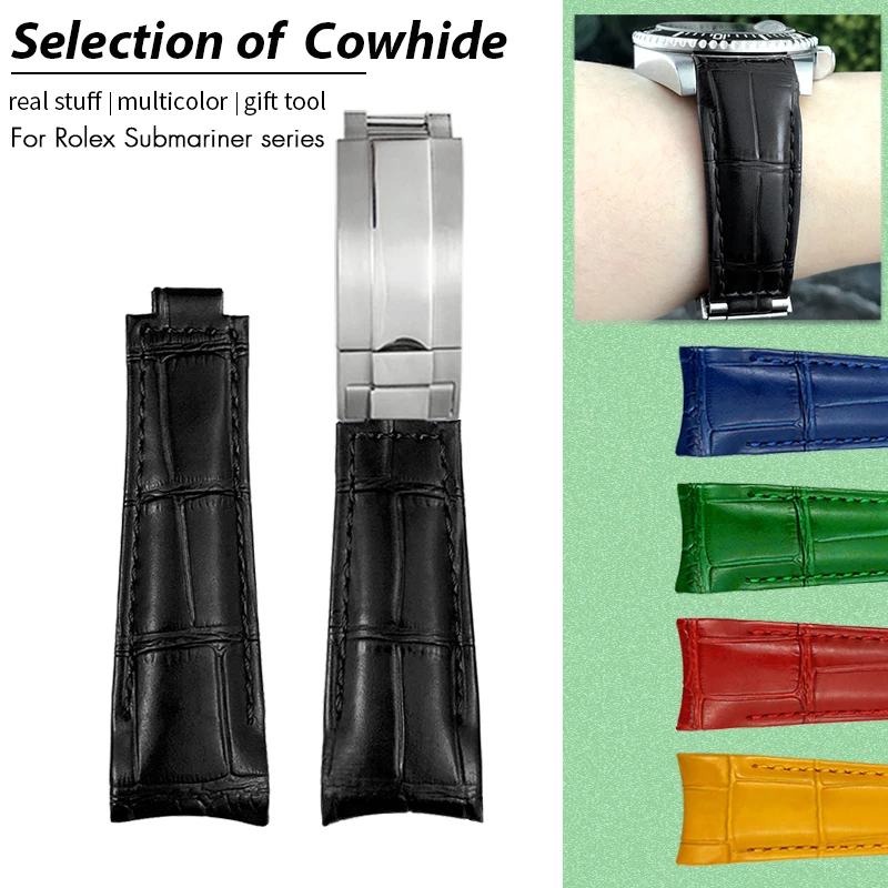 Curved End Genuine Leather Cowhide Watch Strap for Rolex Submariner GMT Master II Hulk 116610 Oyester 20mm Watchband Free Tools