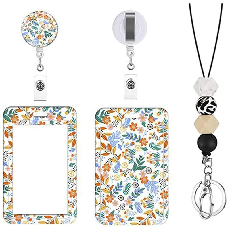 Cute Floral Lanyards for Id Badge Holder,ID Card Holder with Beaded Lanyard,ID Badge Holder Nurse Teacher Office Gifts A