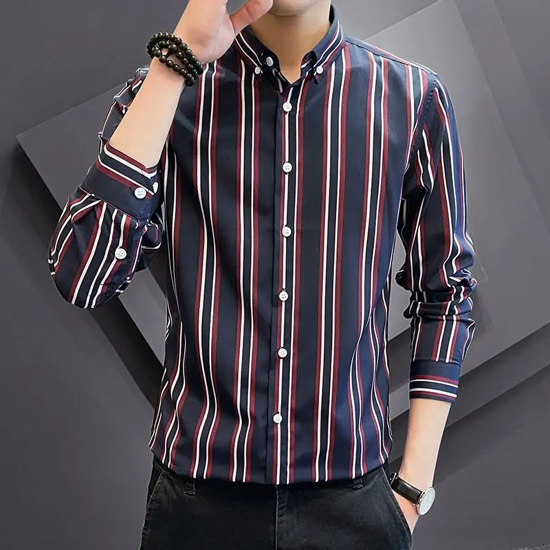 Spring Autumn New Fashion Turn-down Collar Long Sleeve Striped Blouse Men\'s Clothing Casual Korean All-match Youth Loose Shirts