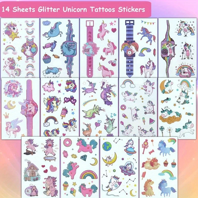 14 Sheets Glittering Unicorn Tattoo Stickers for Personalized Decoration, Temporary Tattoos for Children Kids