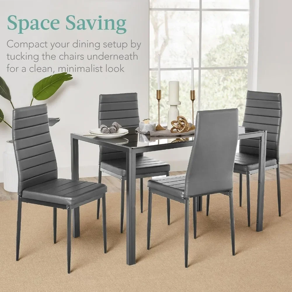 5 Piece Set of Glass Cutlery, Modern Kitchen Table Furniture, Dining Room, Compact Glass Top, 4 Upholstered PU Chairs