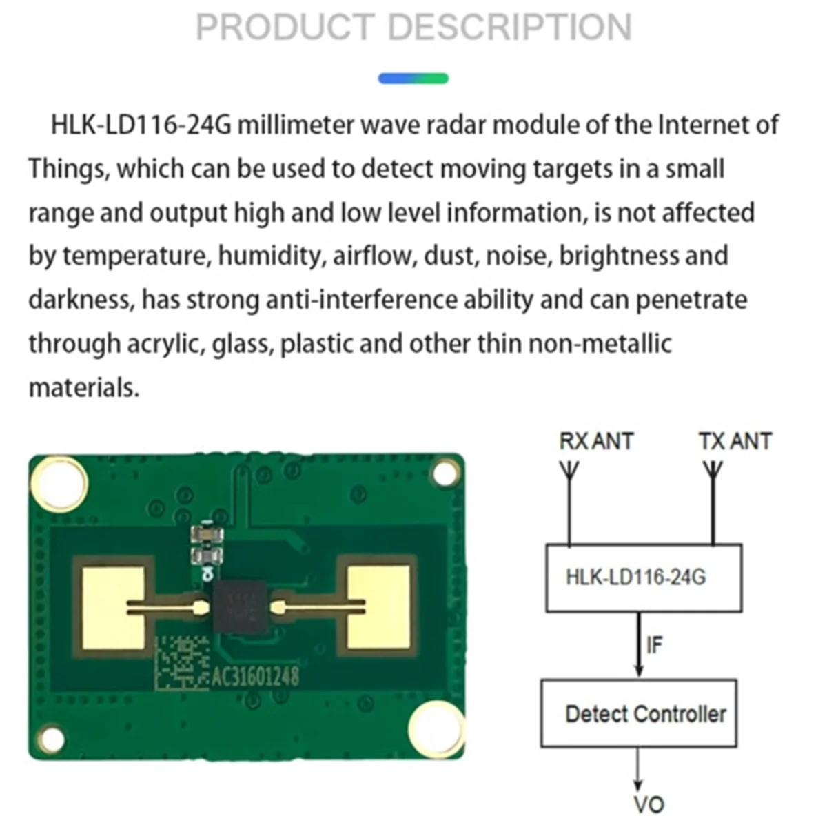 W1K-x24G ملليمتر موجة الرادار الاستشعار LD116 ذكي منخفضة الطاقة جسم الإنسان وحدة الاستشعار كشف الحركة