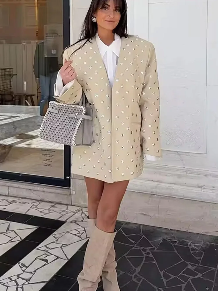 HH 2025 Women Summer New Rivet Decorative Casual Suit Jacket Female Elegant V-neck No-button Sequin Suit Long Sleeve Jacket