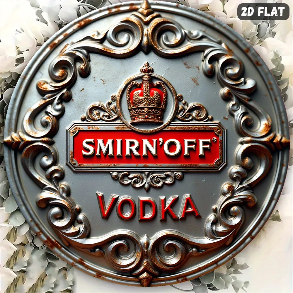 falt, A woman holding up a sign that says Smirnoff vodka.Wreath Sign, 8-inch, Round Aluminum Sign - Perfect for Holiday season &