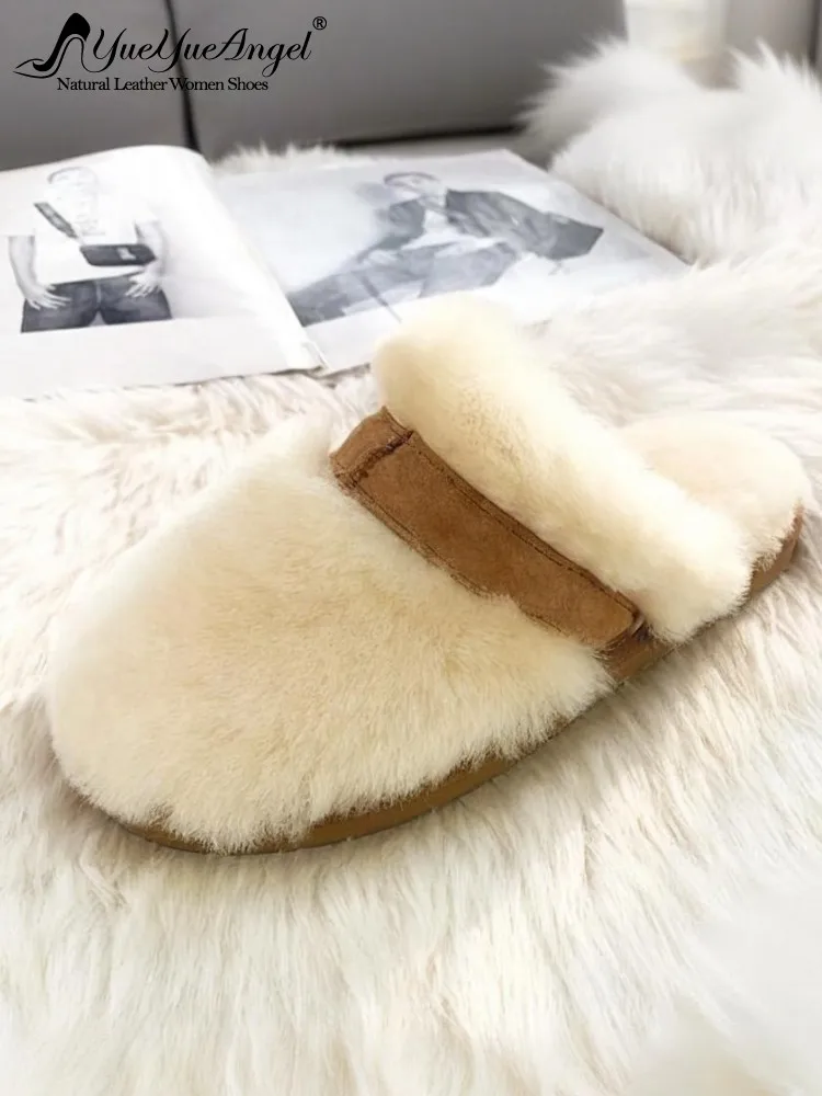 

Зимние теплые женские модные шерстяные тапочки с круглым носком, повседневные шлепанцы из натуральной кожи, женская обувь на плоской платформе, новинка