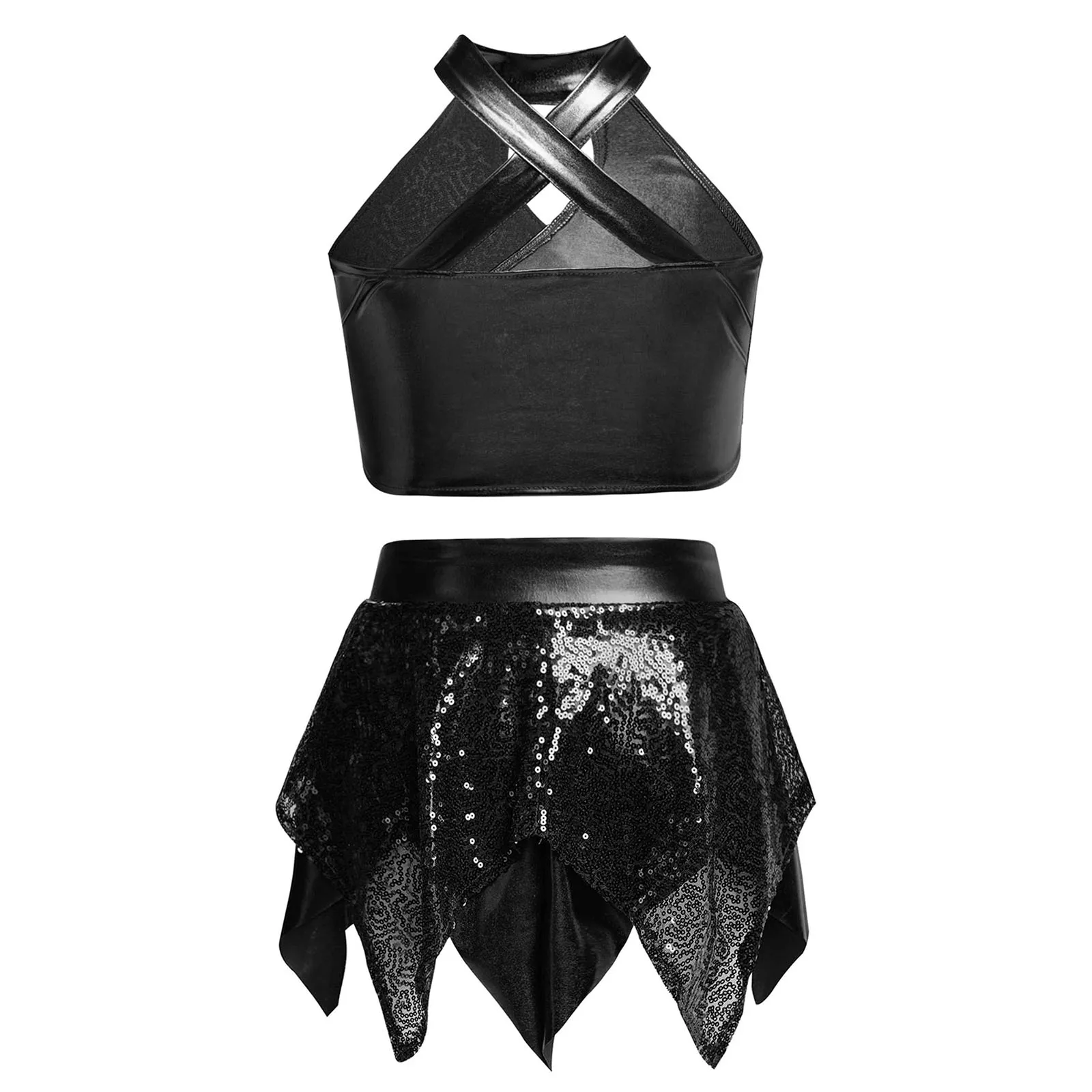 Glänzende Mädchen Rhythmische Gymnastik Jazz Dance Performance Kostüm Pailletten Crop Top Röcke Athletische Activewear Ballett Tanz Outfits – Detail 4