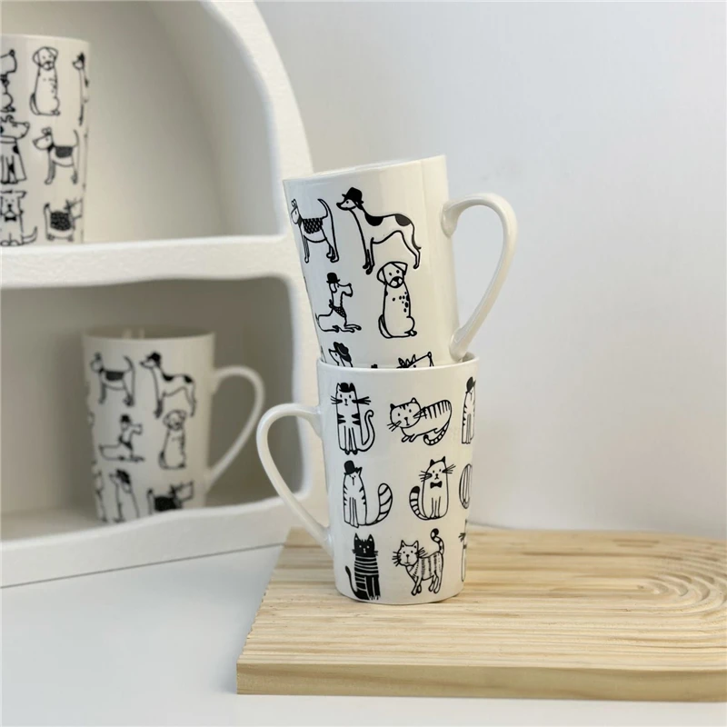 Super Cute Cartoon Hand-drawn Ceramic Mug with Cat Dog Patterns Healthy Home Office Drinkware Breakfast Milk Cup Water Cup