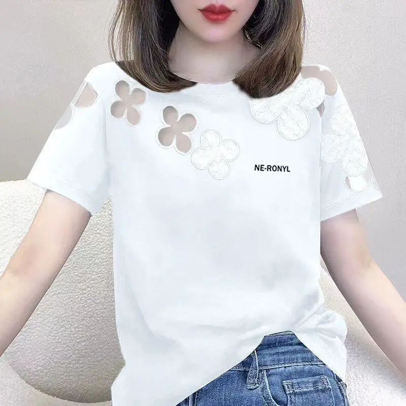 2023 Summer New Fashion Elegant Loose Casual T-Shirts Women Solid Color Round Neck Short Sleeve Embroidered Hollow Cotton Tees