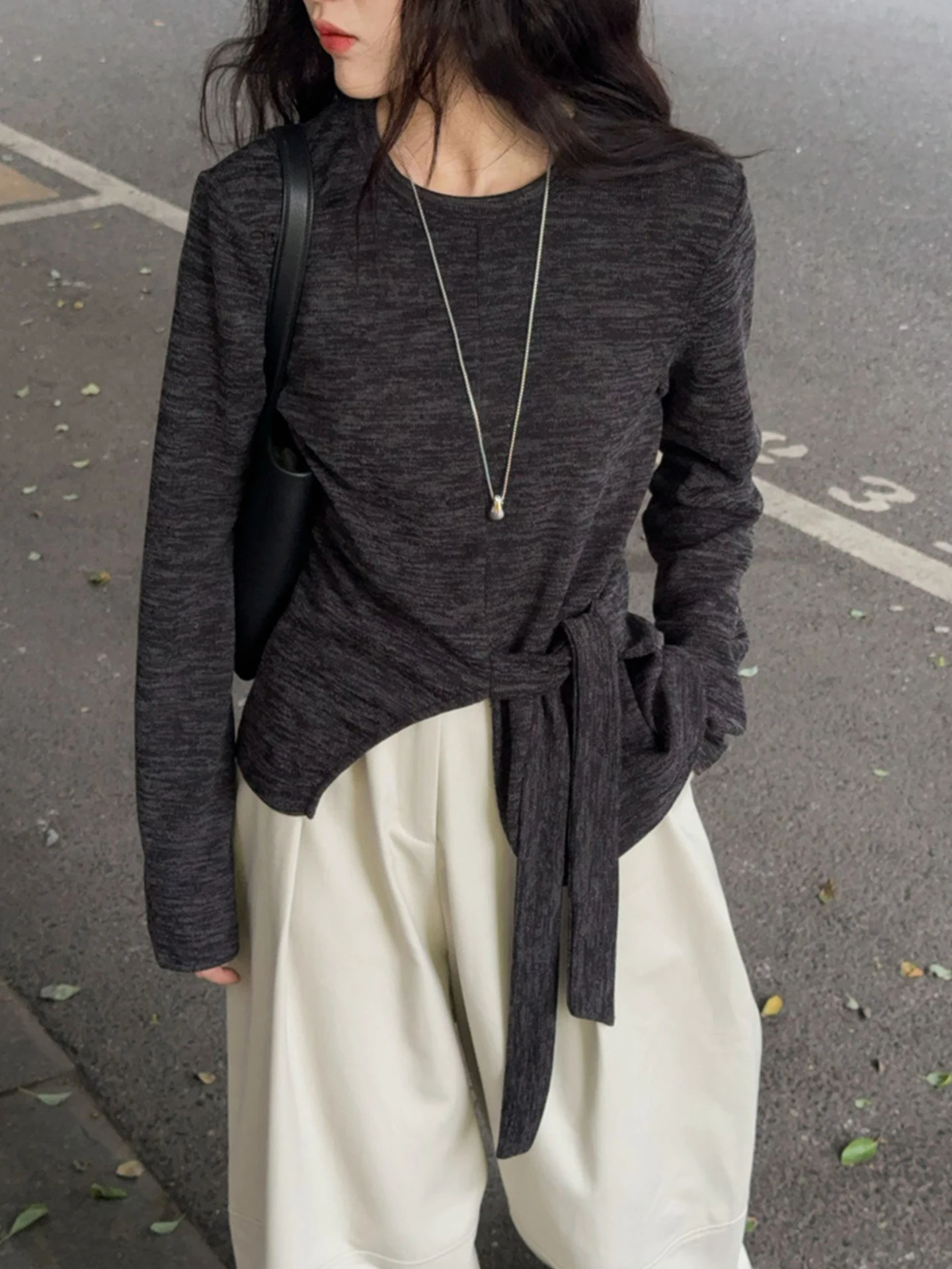 Korean Sle Knitted Long Sve Wrap Top Women's Base Layer irt round Ne Pure Color Design Sensation Autumn Faion