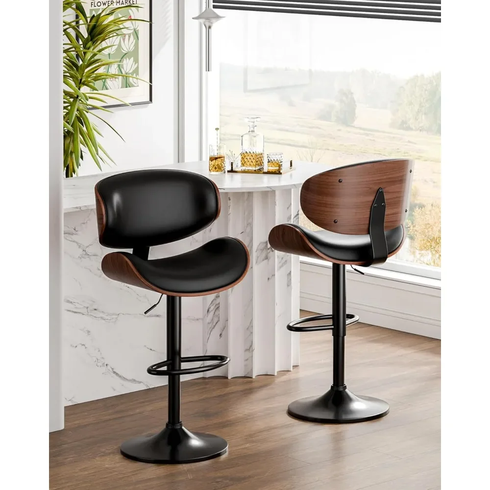 PU couro ajustável giratória Bar Stools, preto forte meados do século cadeira moderna, estofados balcão altura Bar Stool, conjunto de 2