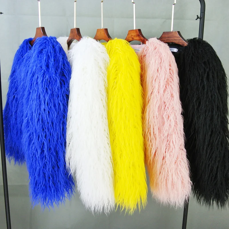 Faux Fur Coat Colorful Furry Pink Lamb Wool Faux Fur Coat Female Shaggy Sheepskin Coat Winter Artificial Mongolian Fur Jacket