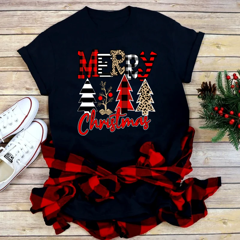 

Women Merry Christmas Leopard Print Tree Black T Shirt Christmas Xmas Gifts Women's Top Tshirt Harajuku Fashion New Year T-shirt