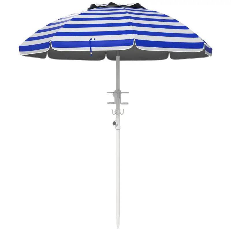 

Portable Beach Umbrella 5.7 ft with Tilt Function, Adjustable Height, 2 Cup Holders & Hooks, UV 40+ Ruffled Canopy, Blue &