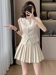 High Quality New Spring Summer Small Fragrant Two Piece Set Women Outfit Short Vest Top + Pleated Mini Skirt 2 Piece Sets