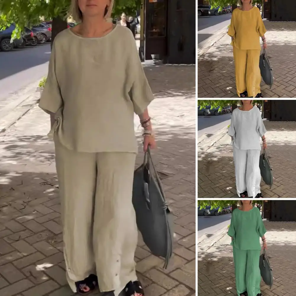 

T-shirt Trousers Set Elegant Women's Shirt Pants Set with Three Quarter Sleeve Top Wide Leg Pants Solid Color O Neck for Commute