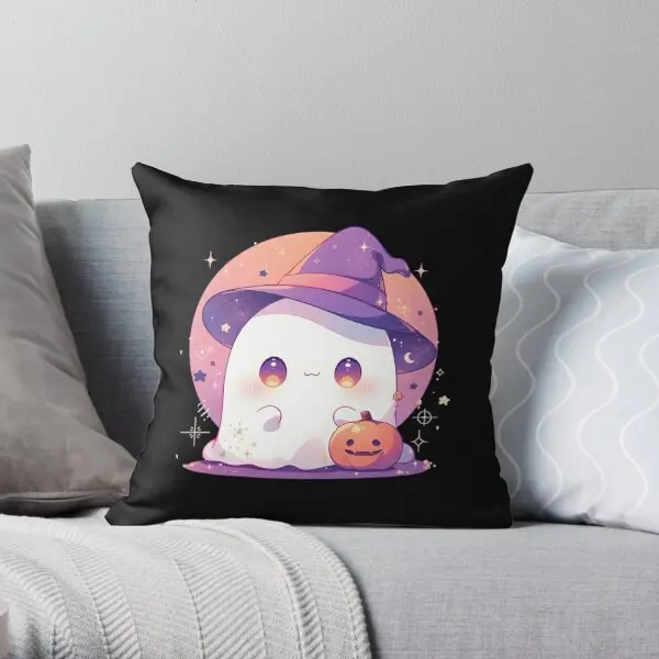 

Cute Chibi Ghost With Pumpkin Printing Throw Pillow Cover Decorative Soft Cushion Comfort Home Pillows not include One Side