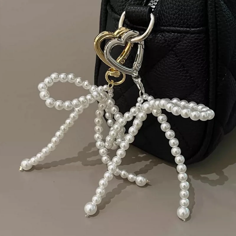 Korean Sweet Pearl Bow Keychain Heart Pendant Keyring Y2K Aesthetic Key Holder For Girls Bag Pendant Accessories