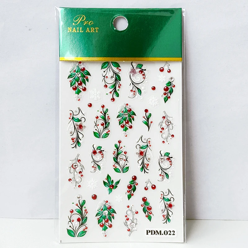 5D Christmas Embossed Nail Stickers Green Holly Leaves Floral Vine Adhesive Decals With Rhinestone Winter  Nail Art Decorations