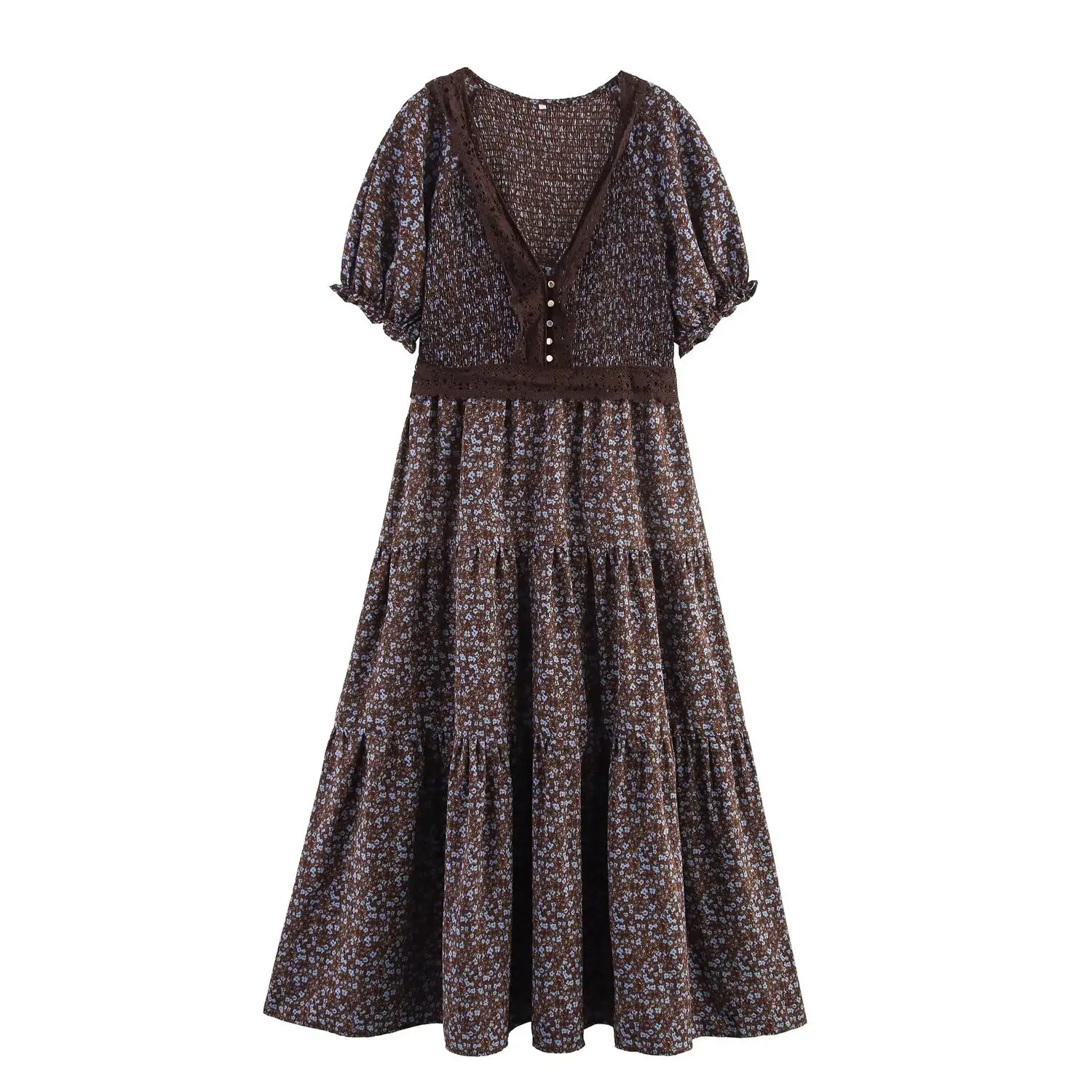 

202 Summer Women's Boho Retro Floral Dress V-Neck Waist Lace Short Sleeve Long Dresses Casual Beach Vacation Maxi Dress