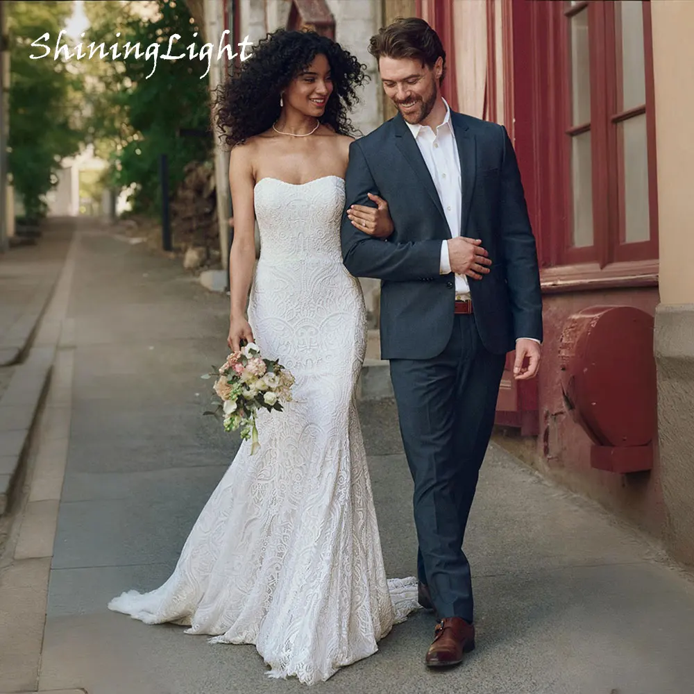 

ShiningLight Sweetheart Lace Wedding Dresses Strapless Sleeveless Mermaid Bridal Dress Boho Beach Wedding Gowns Customized