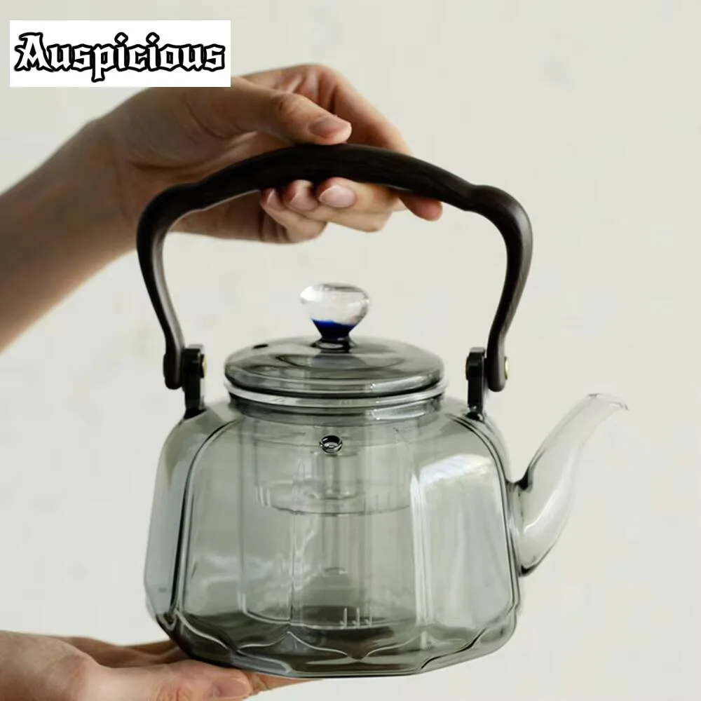 

High Boron Silicon Glass Teapot Chinese Tea Ceremony Transparent Smoky Grey Teawear Set Cup Filter Walnut Handle Tea Kettle Gift