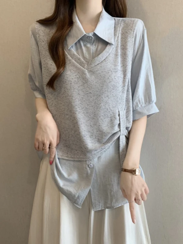 

Light Blue Short Sleeve Shirt Women's plus Size Summer New Style Salt And Sweet Top Korean Version Loose Fit Commute Style