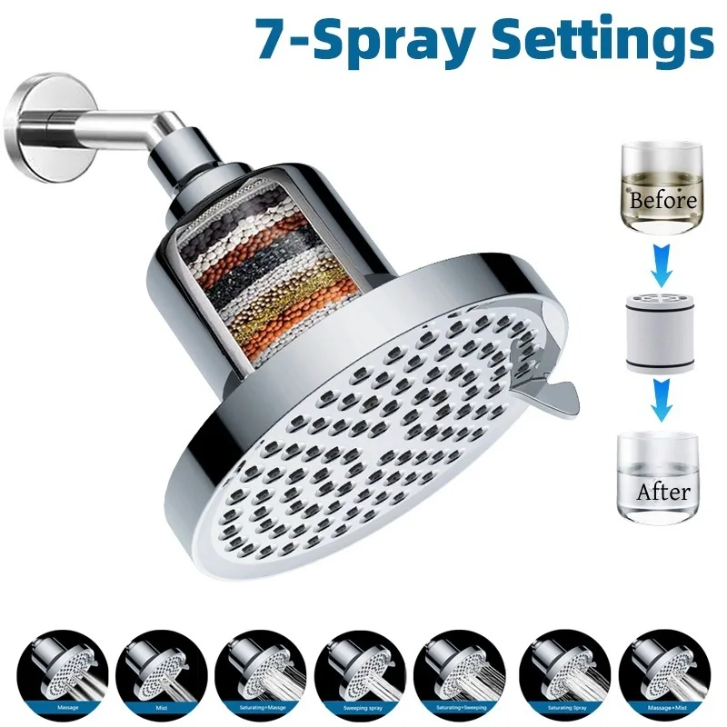 

6 Inch 25 Grade Filter Bath Pressurized Top Spray 7 Functions Removable Replacement Filter Shower Head