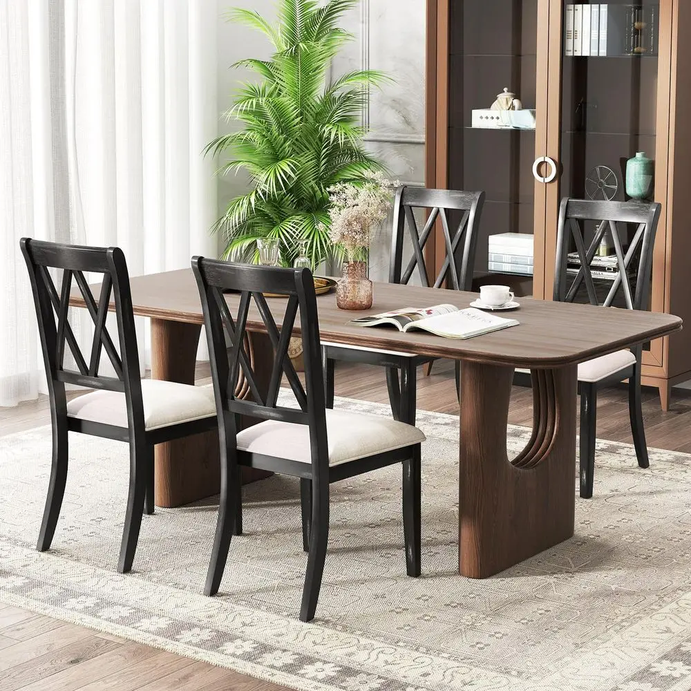 

Wooden Dining Chairs Set of 4, holstered Kitchen Chair w Distressed Rubber Wood Legs, Padded Seat, Curved Cross Back, Farmhou