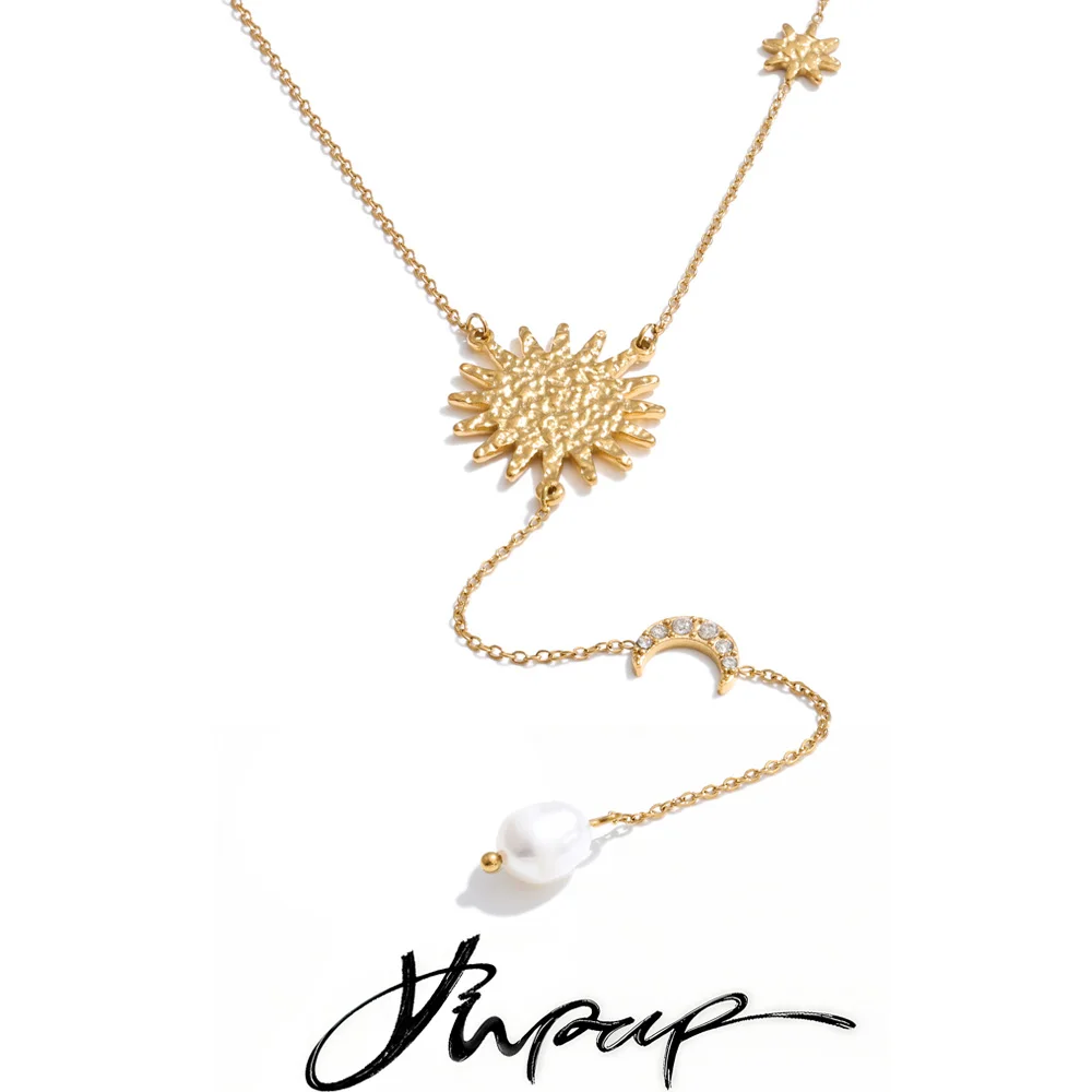 Yhpup Stainless Steel Sun Moon Natural Pearl Chain Drop Necklace 16K Gold Platinum Color PVD Plated Fashion Popular Jewelry