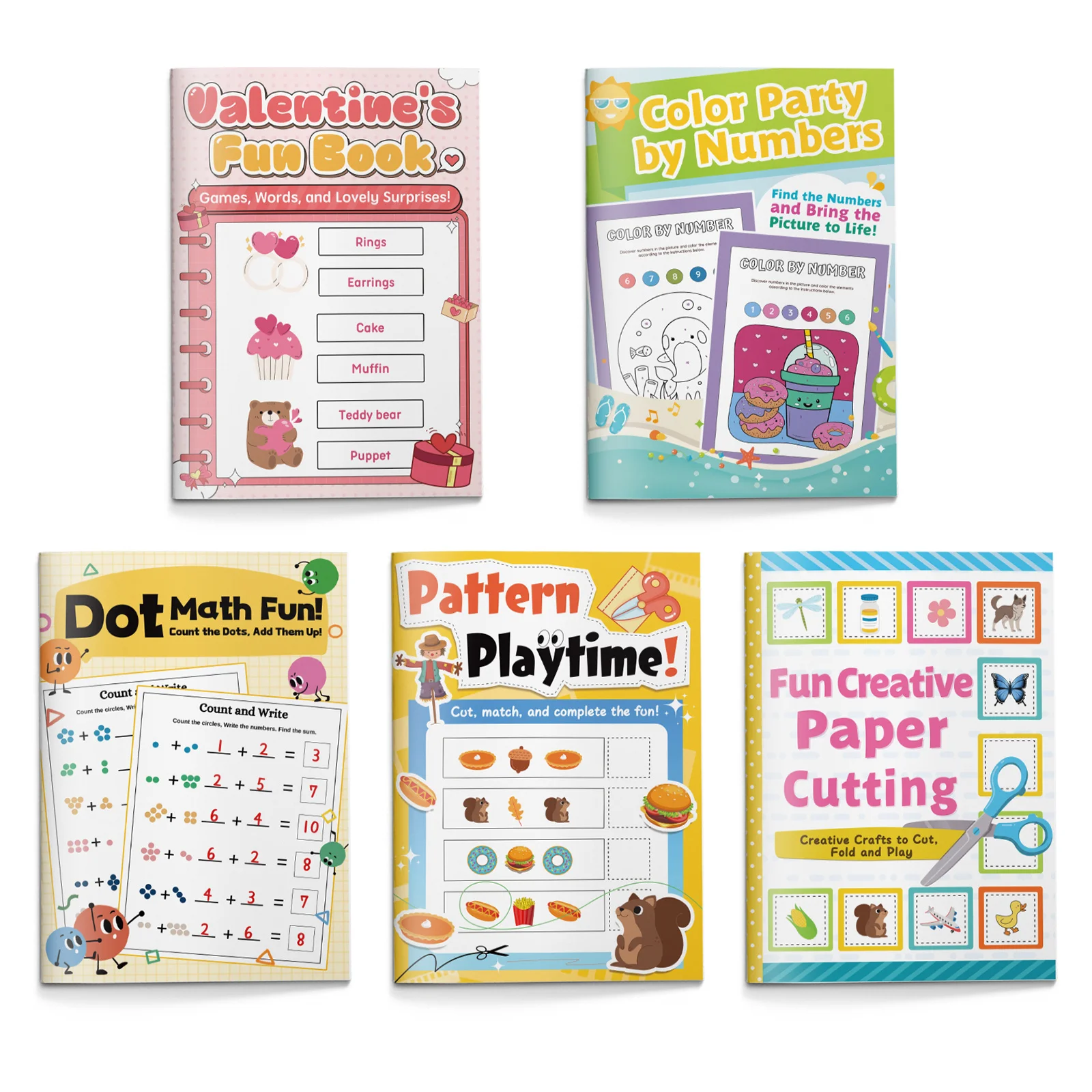 5-Book Fun Learning Activity Collection, Color by Numbers, Dot Math, Pattern Matching, Paper Cutting and Valentine Word Games