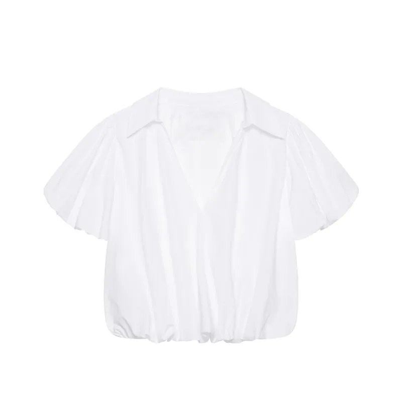 Women's Balloon Shirt New 2026 Spring Summer Simple Women V Neck Short Sleeve Blouses Solid Color Female Chic Short Shirts