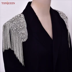 TOPQUEEN SP36 Rhinestone Applique Bling Large Sewing Patches Epaulets for Women Ladies Bridal Party Clothing Dresses Gown Coats