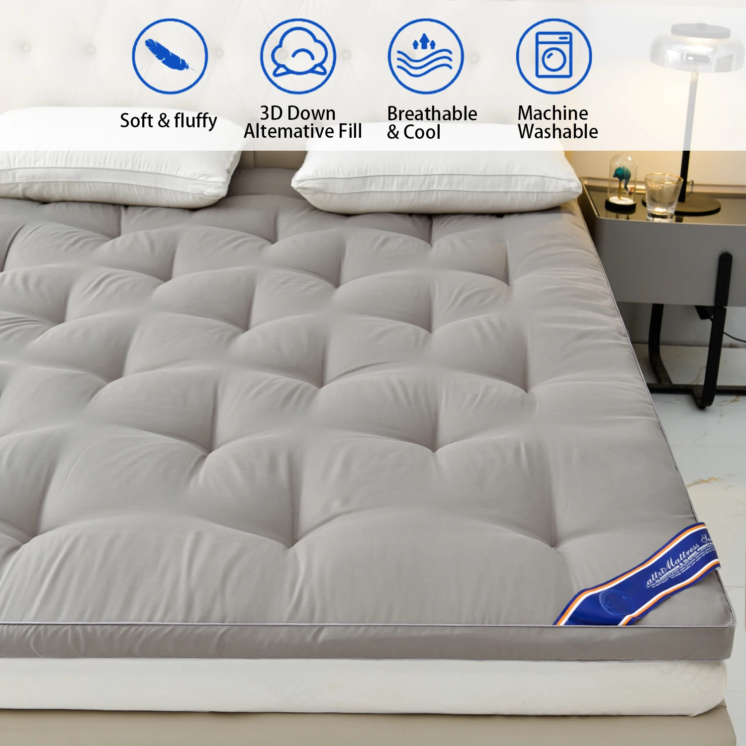 Mattress Topper for Back Pain, Cooling Extra Thick Pad Cover Plush Pillow Top Mattress Topper Overfilled with Down White