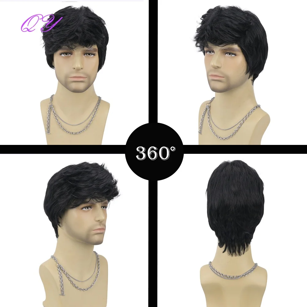 Synthetic Short Brown Flaxen Men's Layered Fluffy Wig With Bangs, High-Quality High-Temperature Fiber Wig For Daily Or Party Use view 5