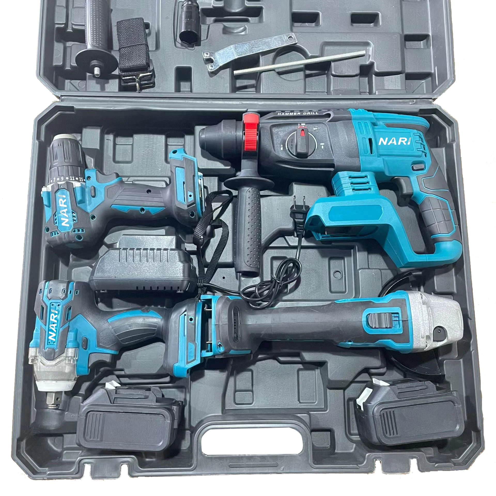 

Brushless Cordless 4 In 1 Practical Jobsite Work Tool Set Power Wrench Drill Angle Grinder Hammer Power Tool Set