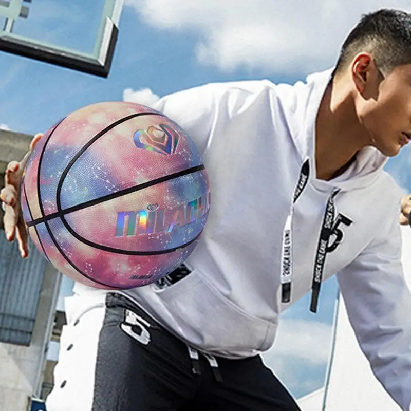 성인 및 아동용 내마모성 홀로그램 글로잉 농구, 사이즈 7 PU 소프트 가죽, 야외 훈련용 신제품