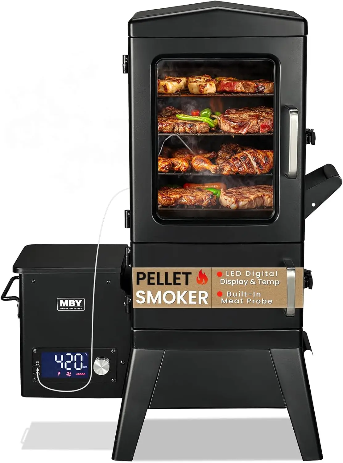 

Pellet Smoker with Cover Electric Wood Pellet Smoker Grill With Meat Probe and Hook 616 Sq in Cooking Area LED Display