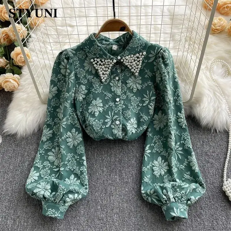 French Vintage Flower Embroidered Flares Polo-Neck Women's Blouse Shirt Long Sleeve Single Breasted Loose Female Blouses Tops