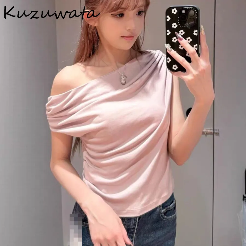 

Kuzuwata Simple Office Lady Sweet Fresh T-shirt Ruched Loose Skew Collar Irregular Ruched Tops Japan Slim All-match Solid Mujer