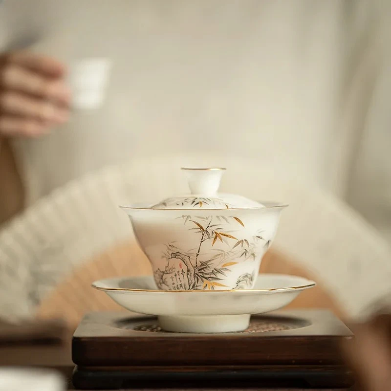 

140 мл Баранина Жирный Нефрит Ледяной Золотой Инкрустация Нефритом Бамбуковый Гайвань Роскошная Чайная Вареница Чайная Чаша С Крышкой Набор Ча Ча Ремесло